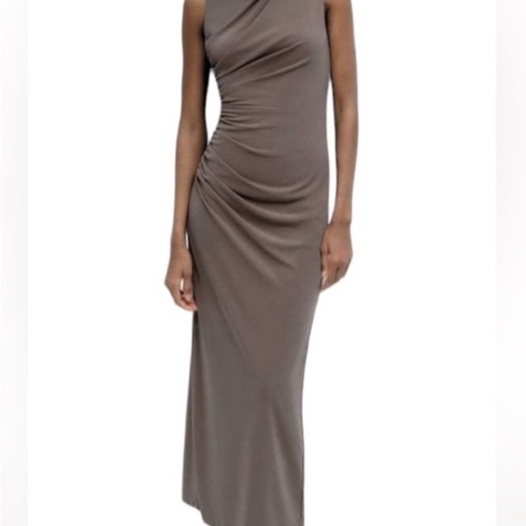 Zara Taupe Backless High-Neck Ruched Midi Dress - Picture 2 of 4